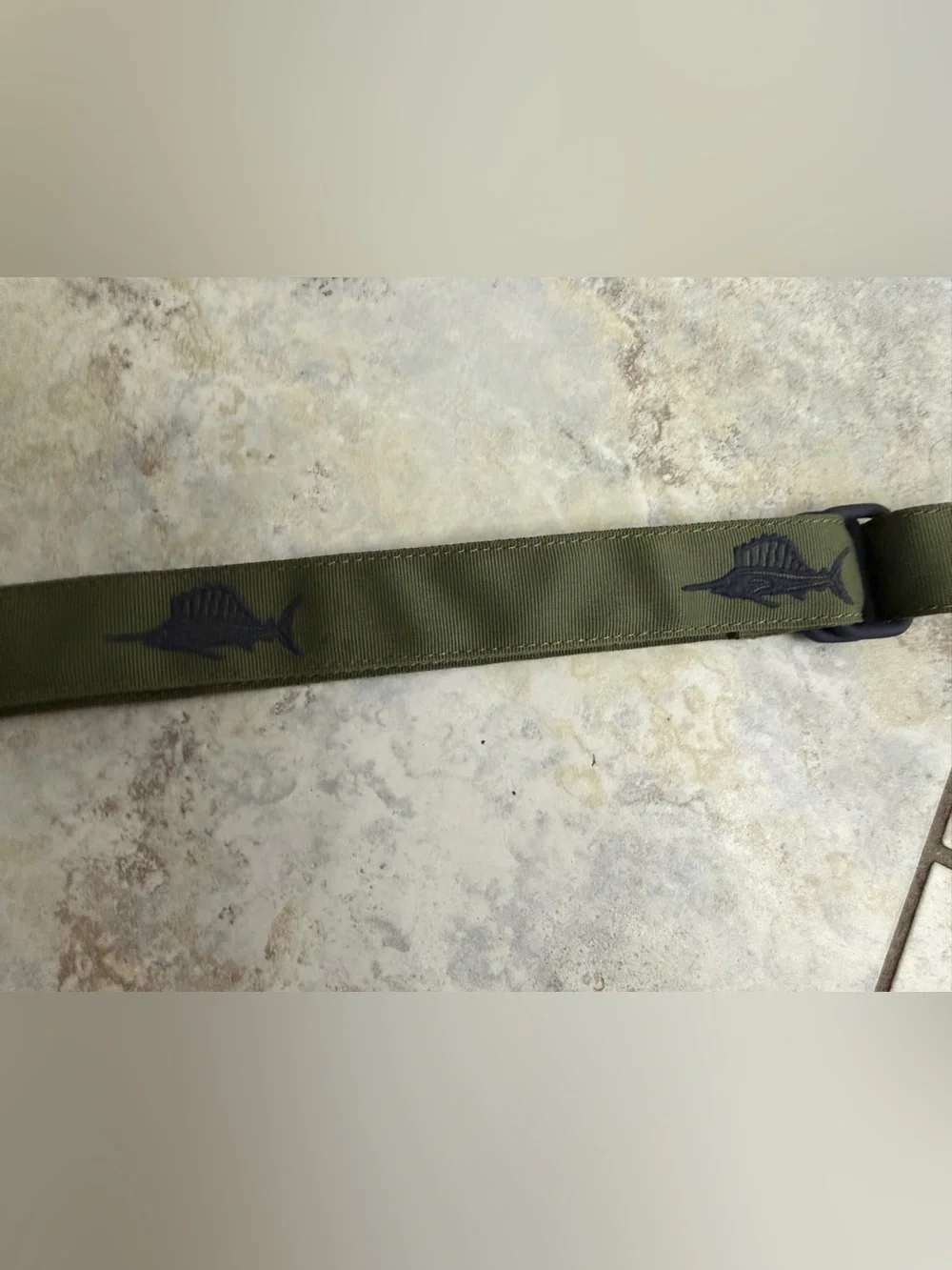 Vineyard Vines Olive Green Ribbon Belt with Navy Marlin Embroidery
